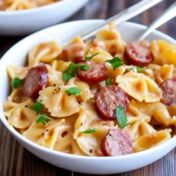 A bowl of creamy smoked sausage pasta with melted cheddar cheese and fresh parsley garnish