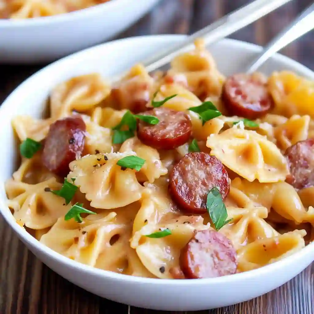 A bowl of creamy smoked sausage pasta with melted cheddar cheese and fresh parsley garnish