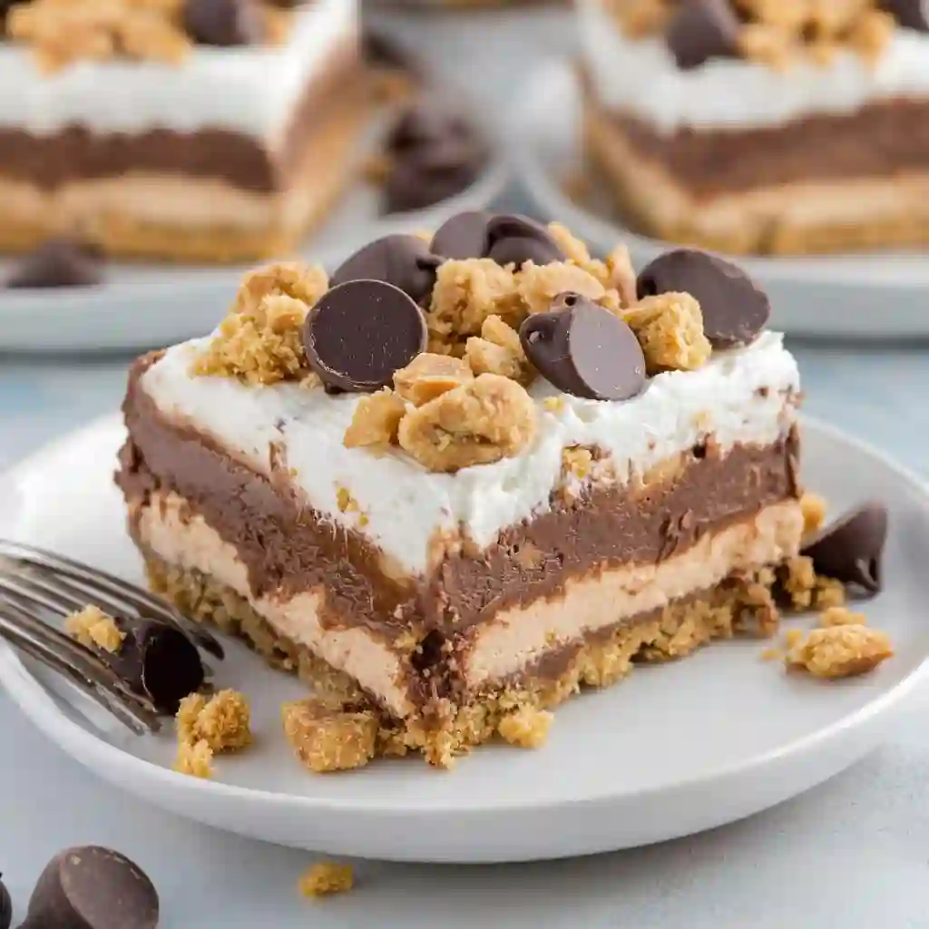 Glass mixing bowl with peanut butter, cream cheese, and whipped topping being combined for the creamy peanut butter cheesecake layer.