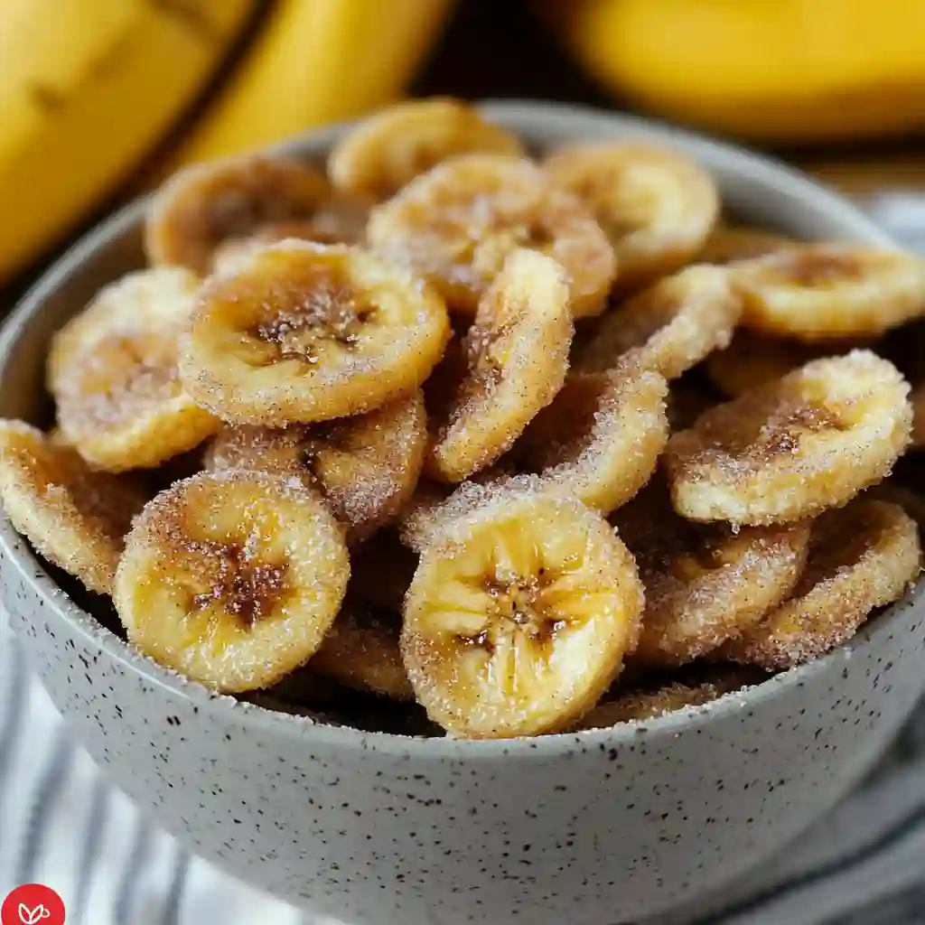 Banana slices in a mixing bowl, coated with cinnamon and sugar for a naturally sweet crunch.