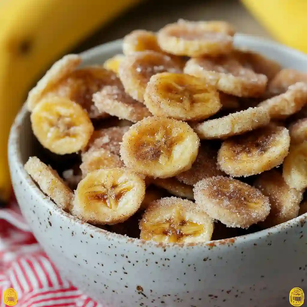 A bowl of cinnamon-sugar air fryer banana chips served with yogurt and nuts for a healthy snack