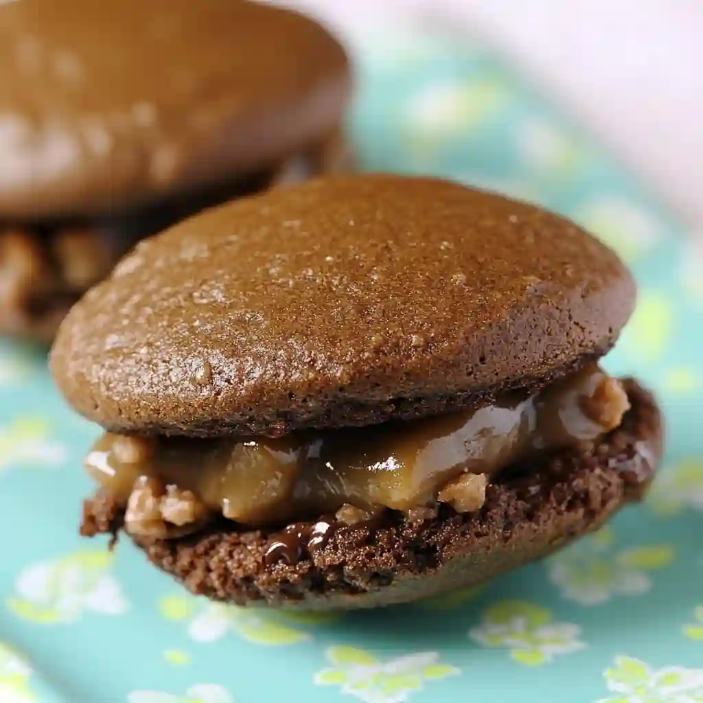 Close-up of German Chocolate Whoopie Pies with a rich caramel pecan coconut filling and smooth milk chocolate ganache, stacked on a rustic wooden plate.