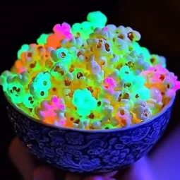 A bowl of glow-in-the-dark candy popcorn with vibrant neon colors, including pink, blue, yellow, and green, sparkling under black light. The popcorn appears glossy and coated with edible glitter, creating a magical and eye-catching effect.