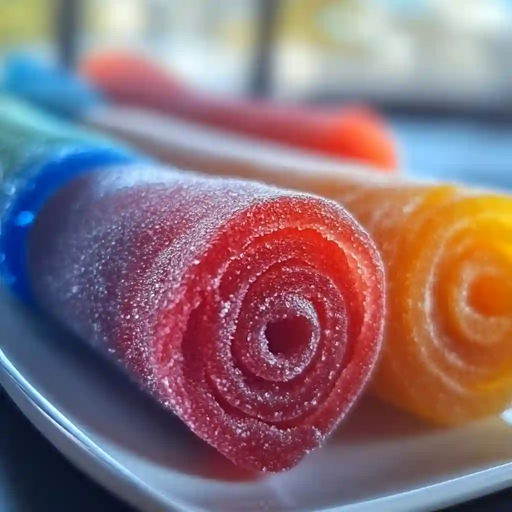 Colorful fruit roll-ups stored in an airtight container, ready to be enjoyed as a healthy homemade snack
