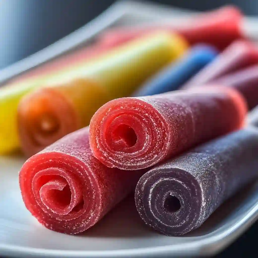Colorful fruit roll-ups stored in an airtight container, ready to be enjoyed as a healthy homemade snack