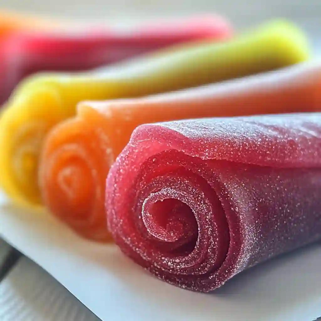 Homemade Kool-Aid fruit roll-ups neatly rolled and stacked on a wooden board, showcasing vibrant red and purple colors.