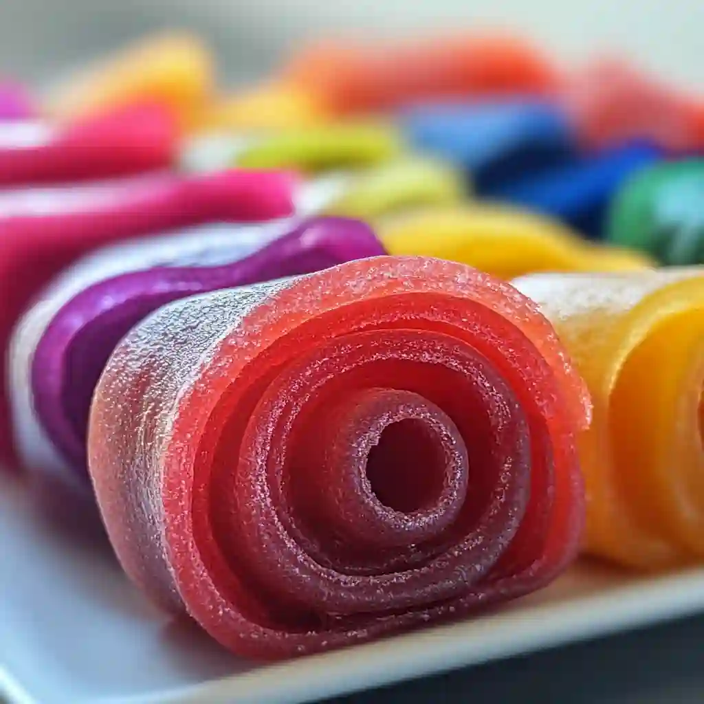 Colorful fruit roll-ups stored in an airtight container, ready to be enjoyed as a healthy homemade snack