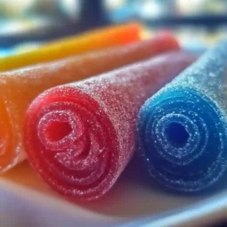Homemade fruit roll-ups being cut into strips with a pizza cutter and rolled up for easy snacking.
