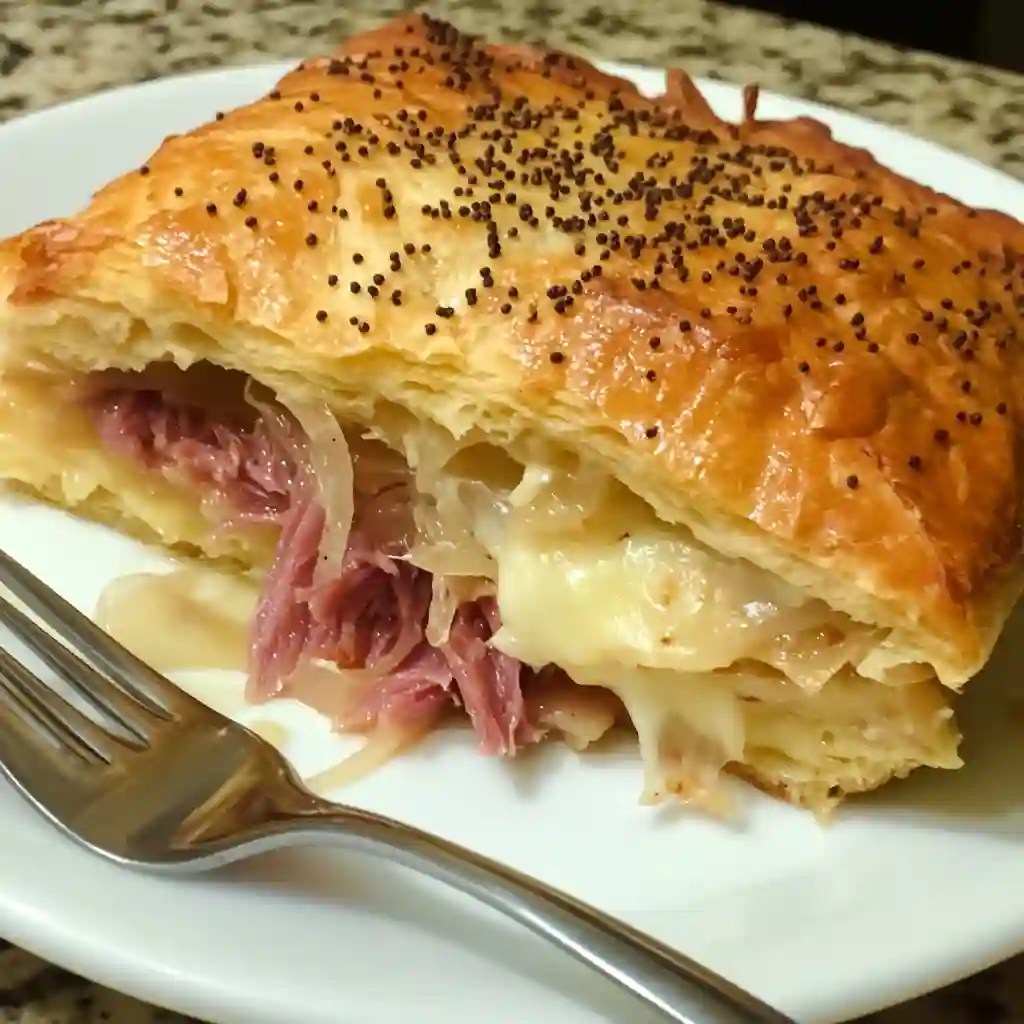Unbaked crescent roll dough sheet pressed into a baking dish, forming the base layer for a homemade Reuben Crescent Sandwich Bake