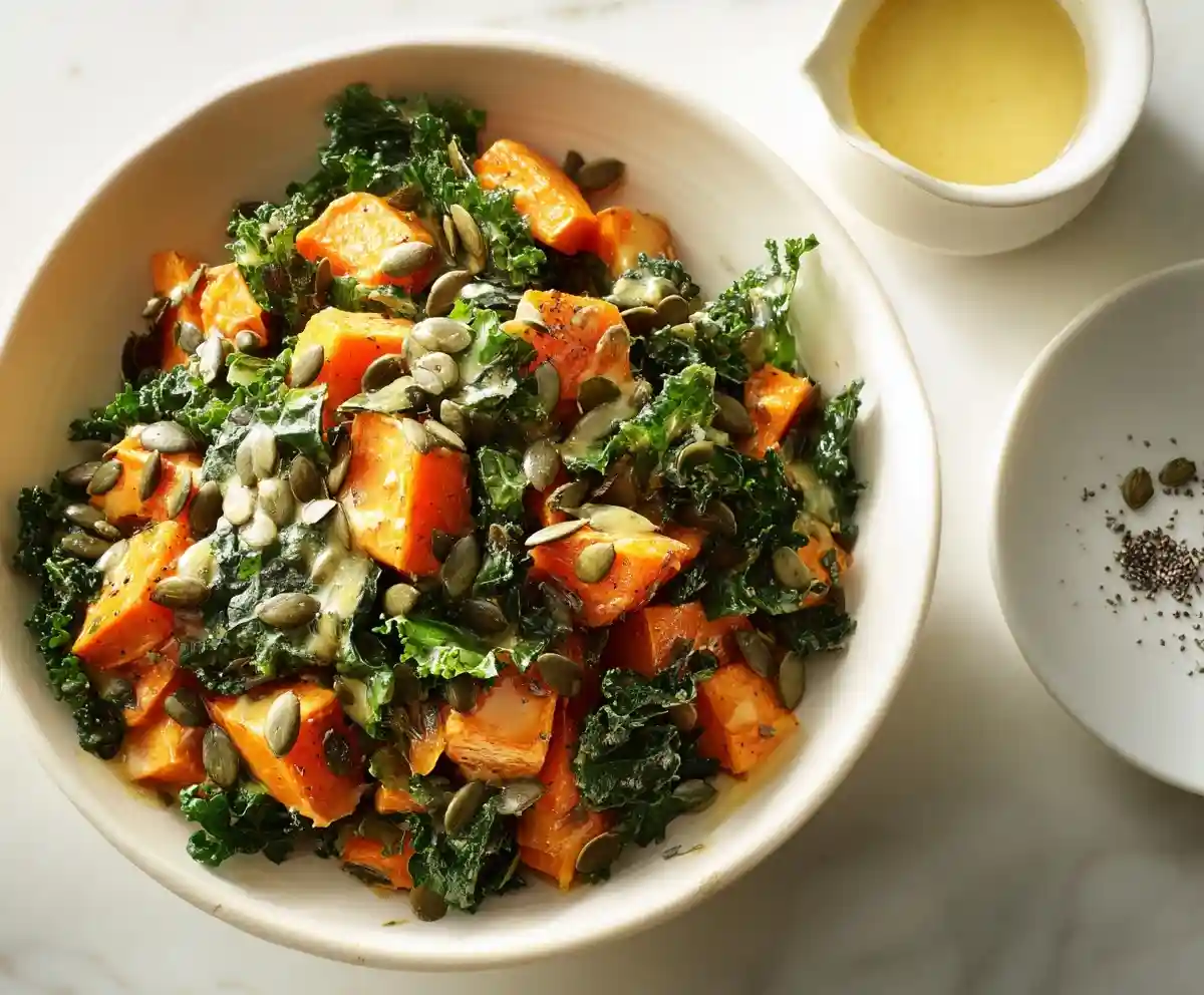 Smoky Sweet Potato Kale Salad with Hot Ginger Dressing.