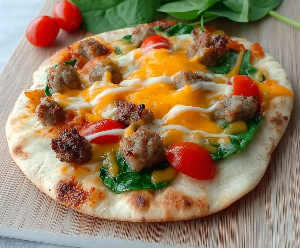 Crispy breakfast pita pizza with eggs and cheese