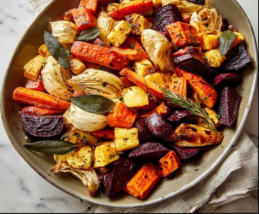 Roasted root vegetables served with herbs and olive oil