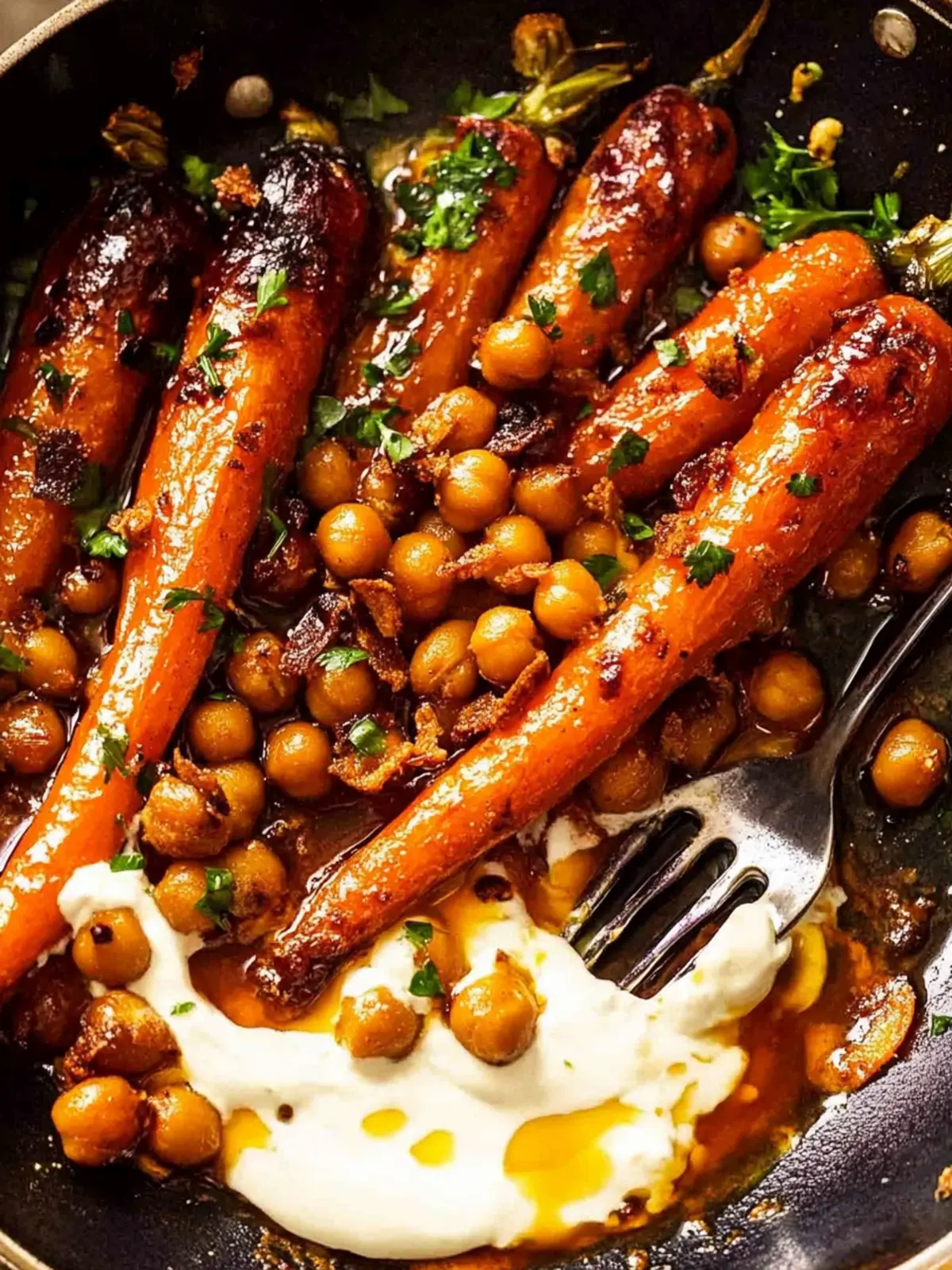 Spicy maple roast carrots with crispy chickpeas and yogurt sauce