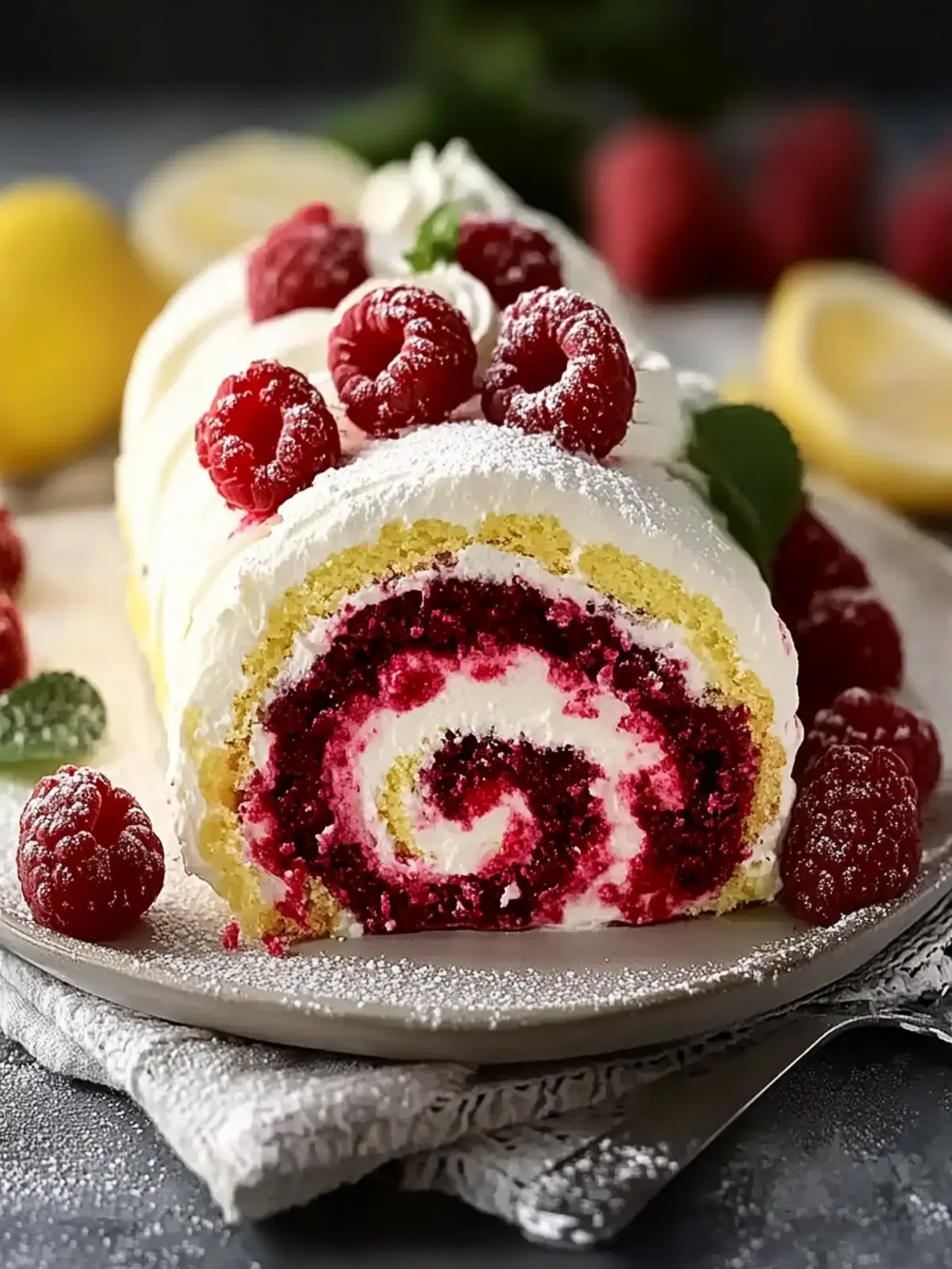 Lemon Raspberry Velvet Roll Cake