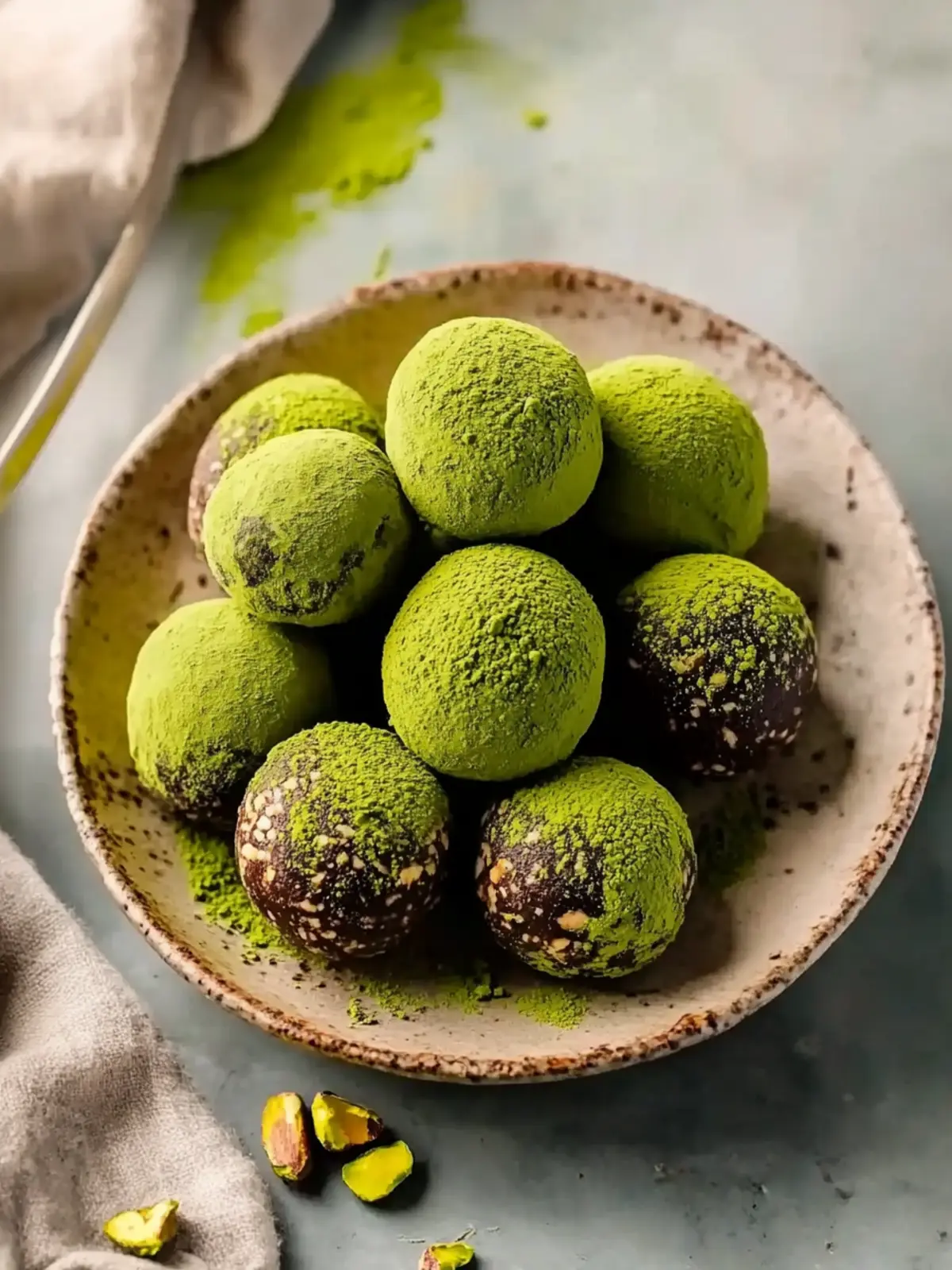 Pistachio Matcha Dark Chocolate Truffles