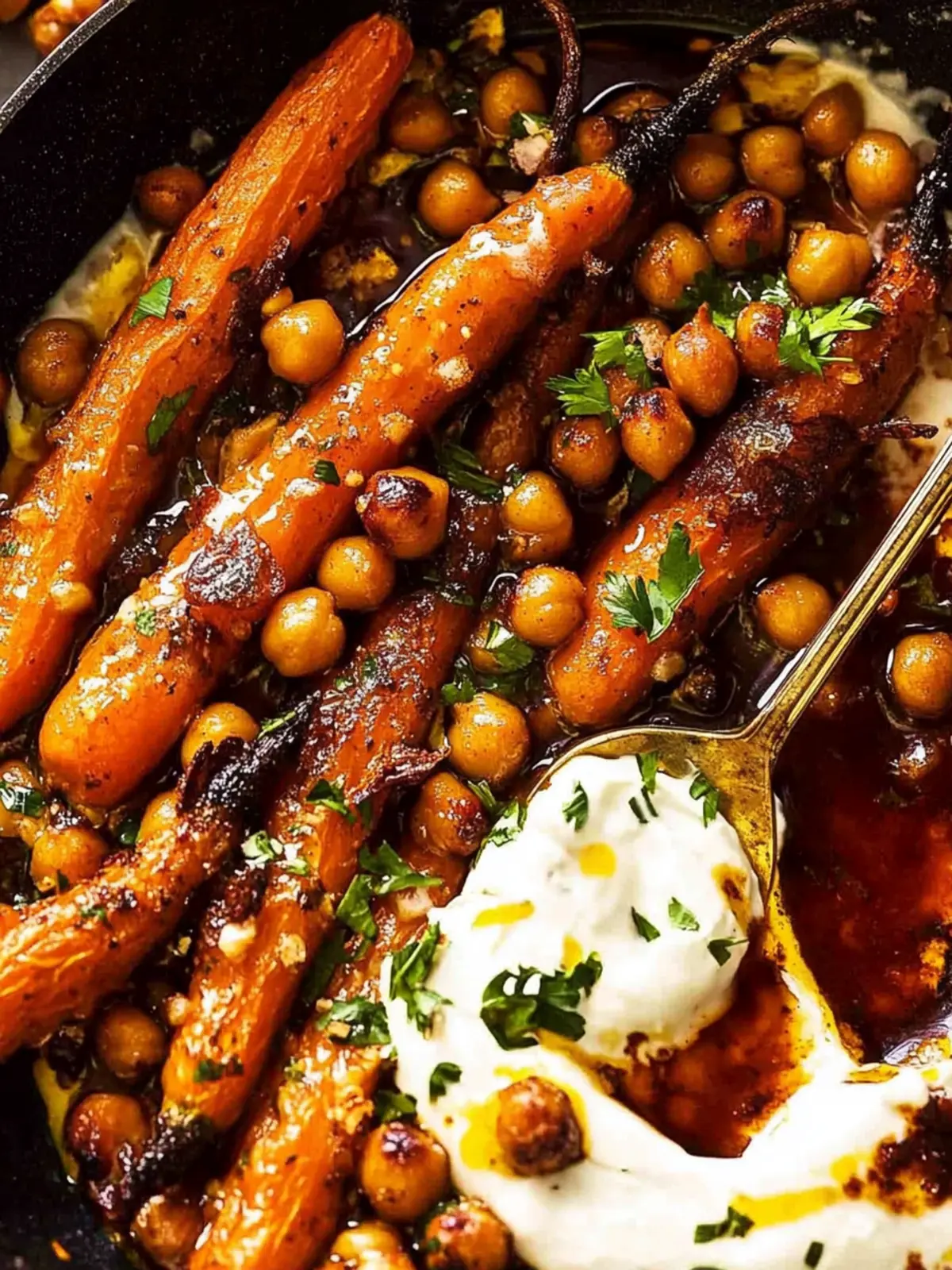 Spicy maple roast carrots with crispy chickpeas and yogurt sauce