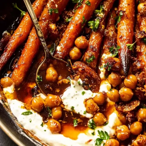 Spicy maple roast carrots with crispy chickpeas and yogurt sauce