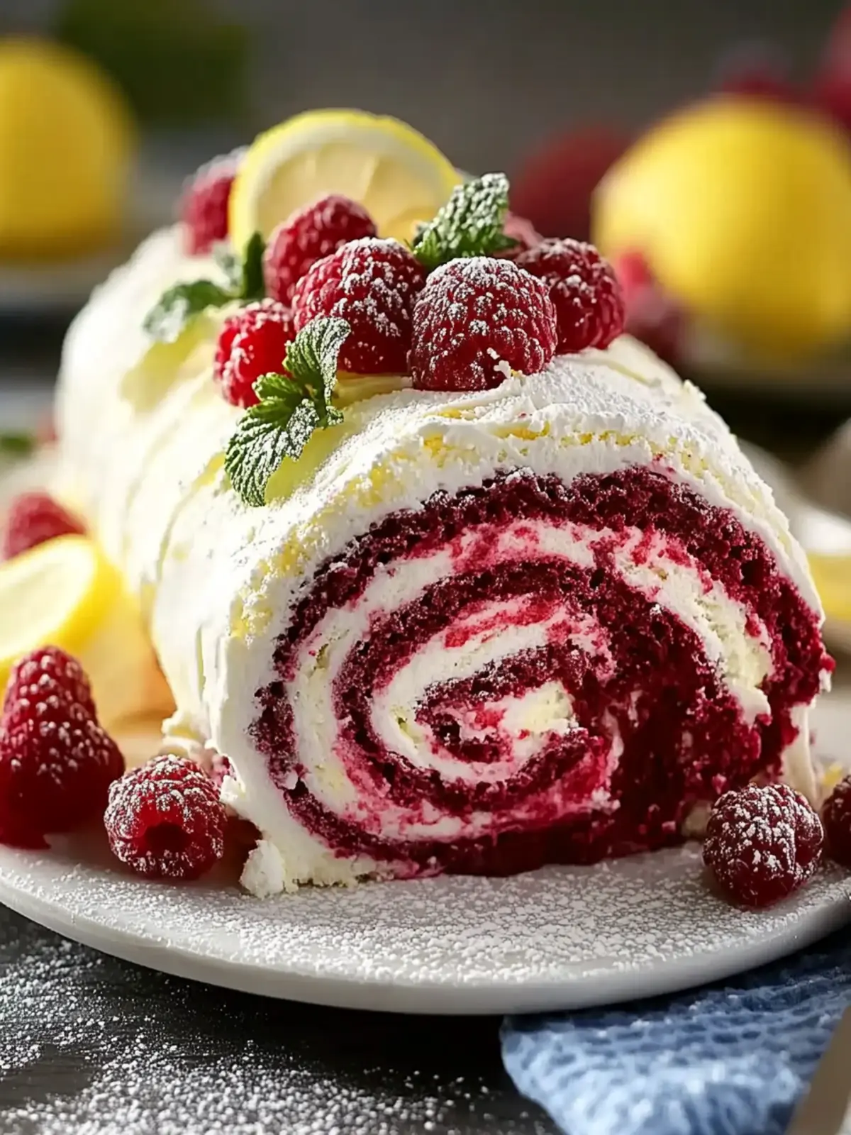 Lemon Raspberry Velvet Roll Cake