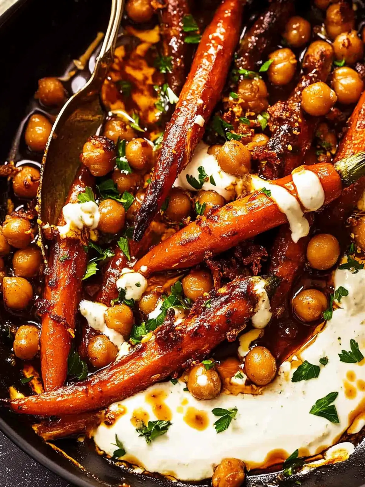 Spicy maple roast carrots with crispy chickpeas and yogurt sauce