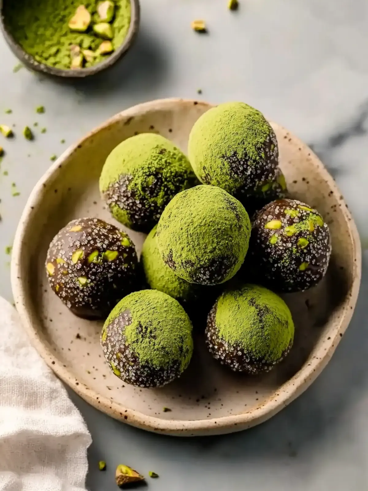 Pistachio Matcha Dark Chocolate Truffles