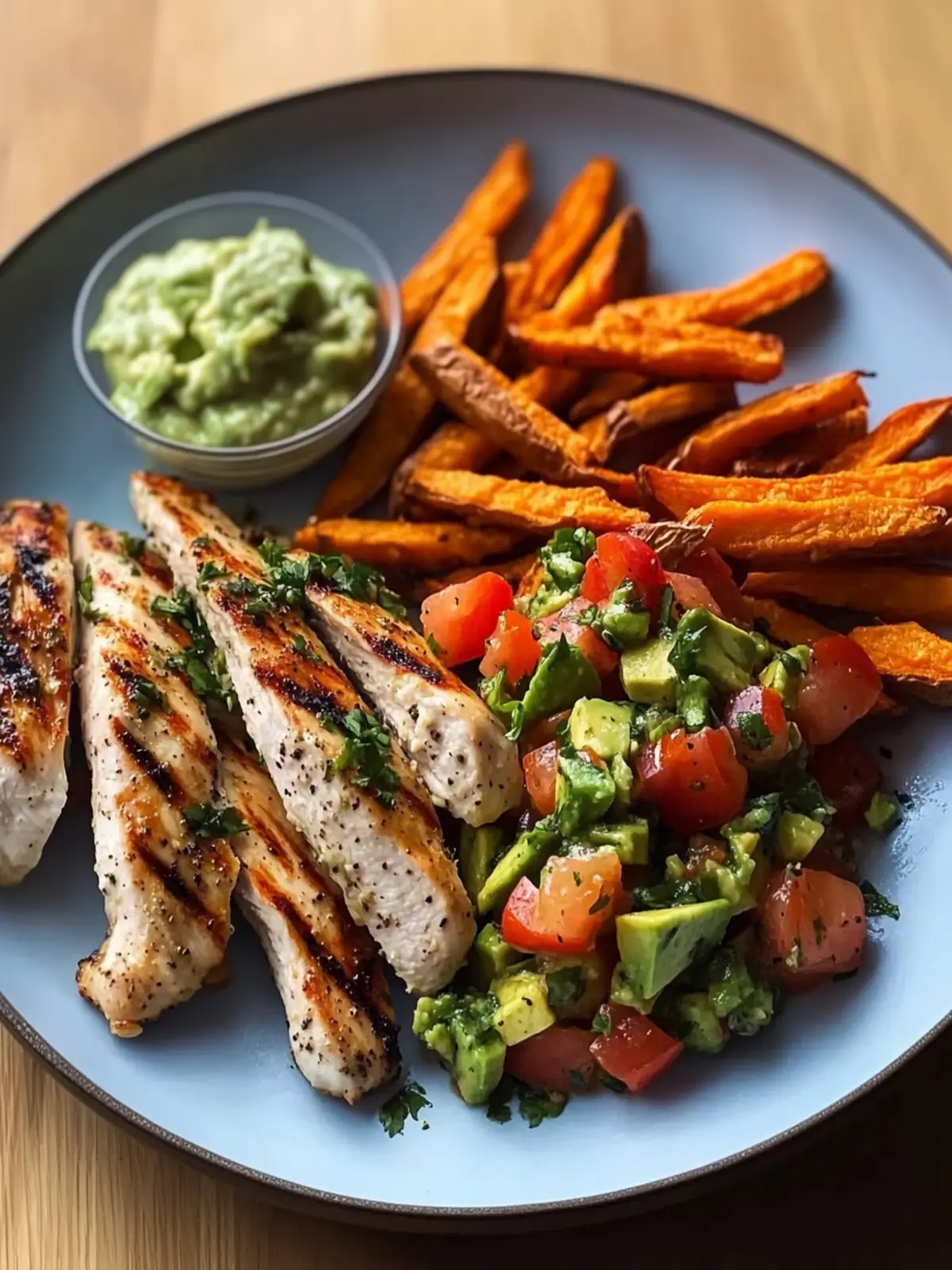 Grilled Herb Chicken with Sweet Potato Fries and Avocado Salsa
