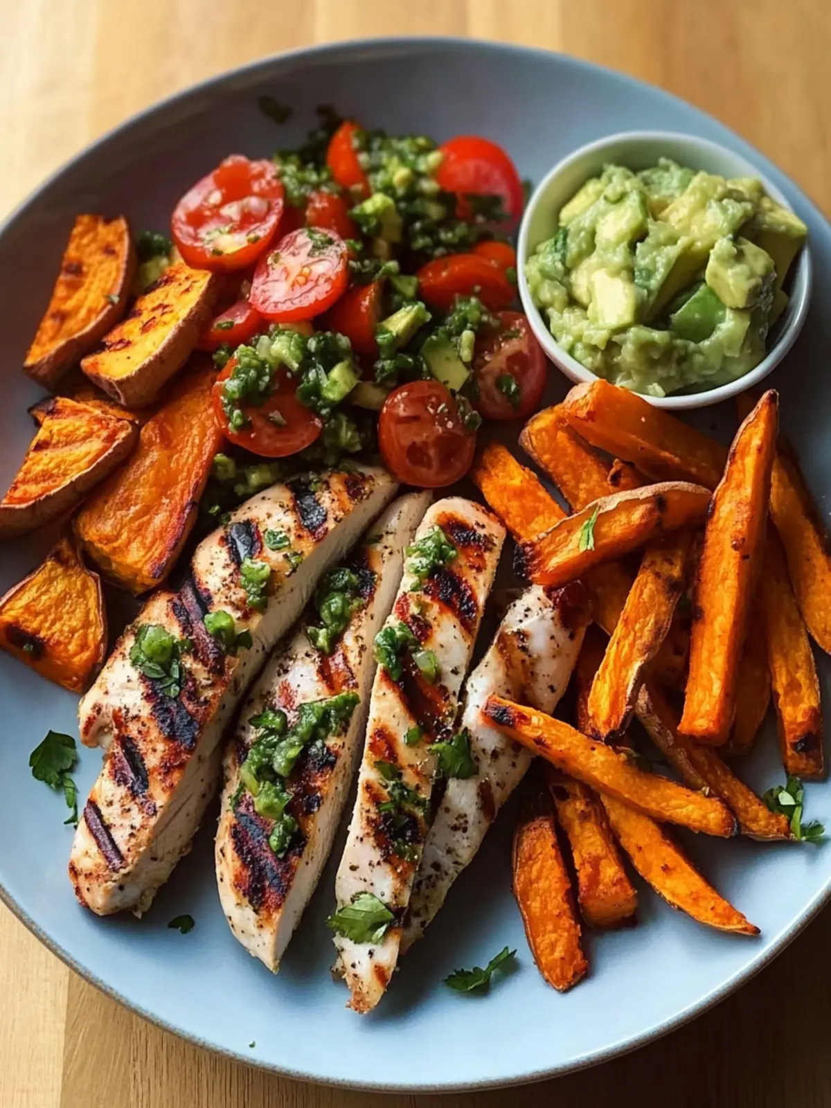 Grilled Herb Chicken with Sweet Potato Fries and Avocado Salsa