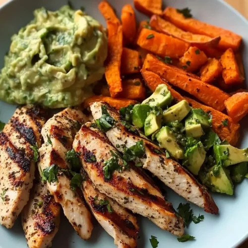 Grilled Herb Chicken with Sweet Potato Fries and Avocado Salsa