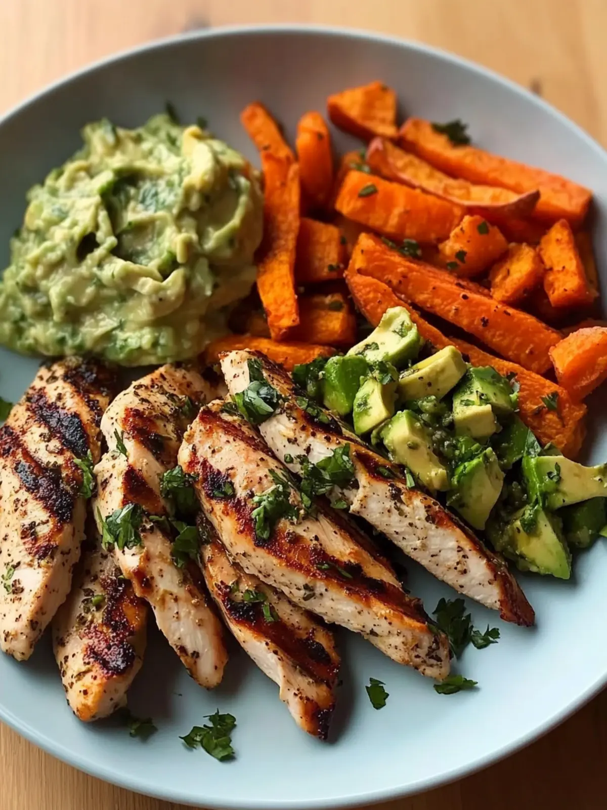 Grilled Herb Chicken with Sweet Potato Fries and Avocado Salsa Bliss