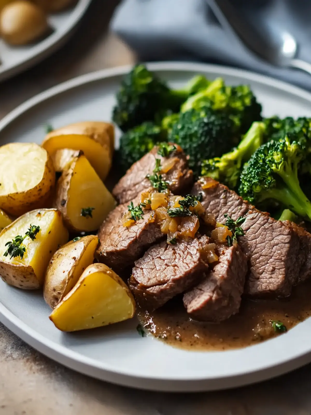Beef with Herb-Roasted Potatoes & Steamed Broccoli