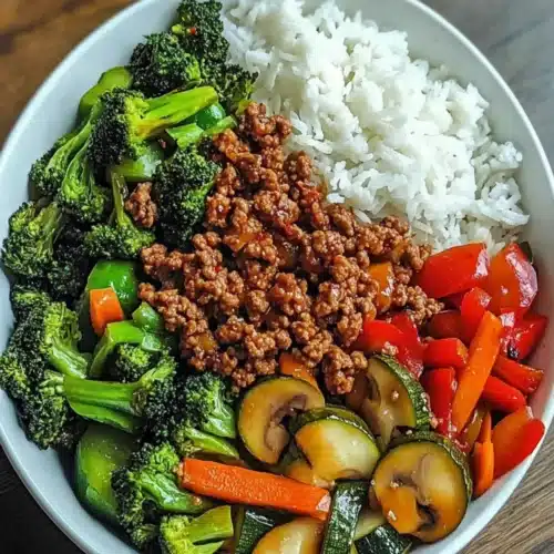 Spicy Ground Beef Stir-Fry Bowl with Garlic Veggies & Steamy Rice