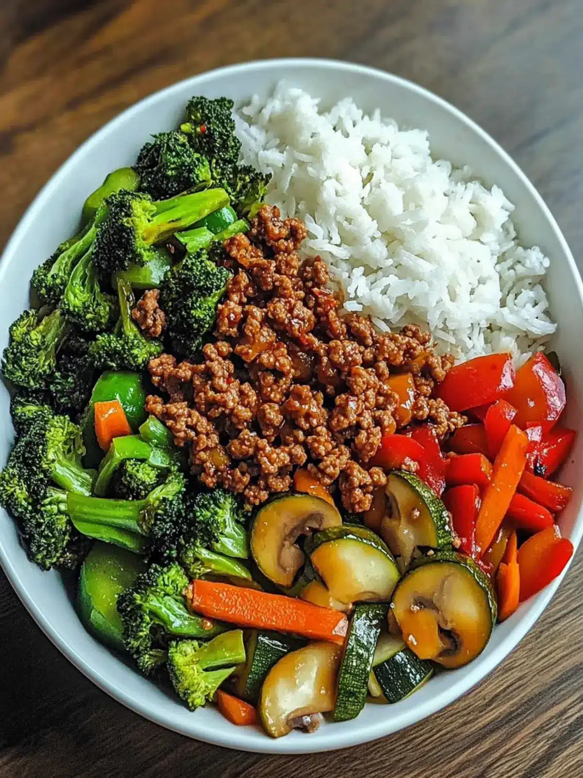 Spicy Ground Beef Stir-Fry Bowl with Garlic Veggies & Rice Joy