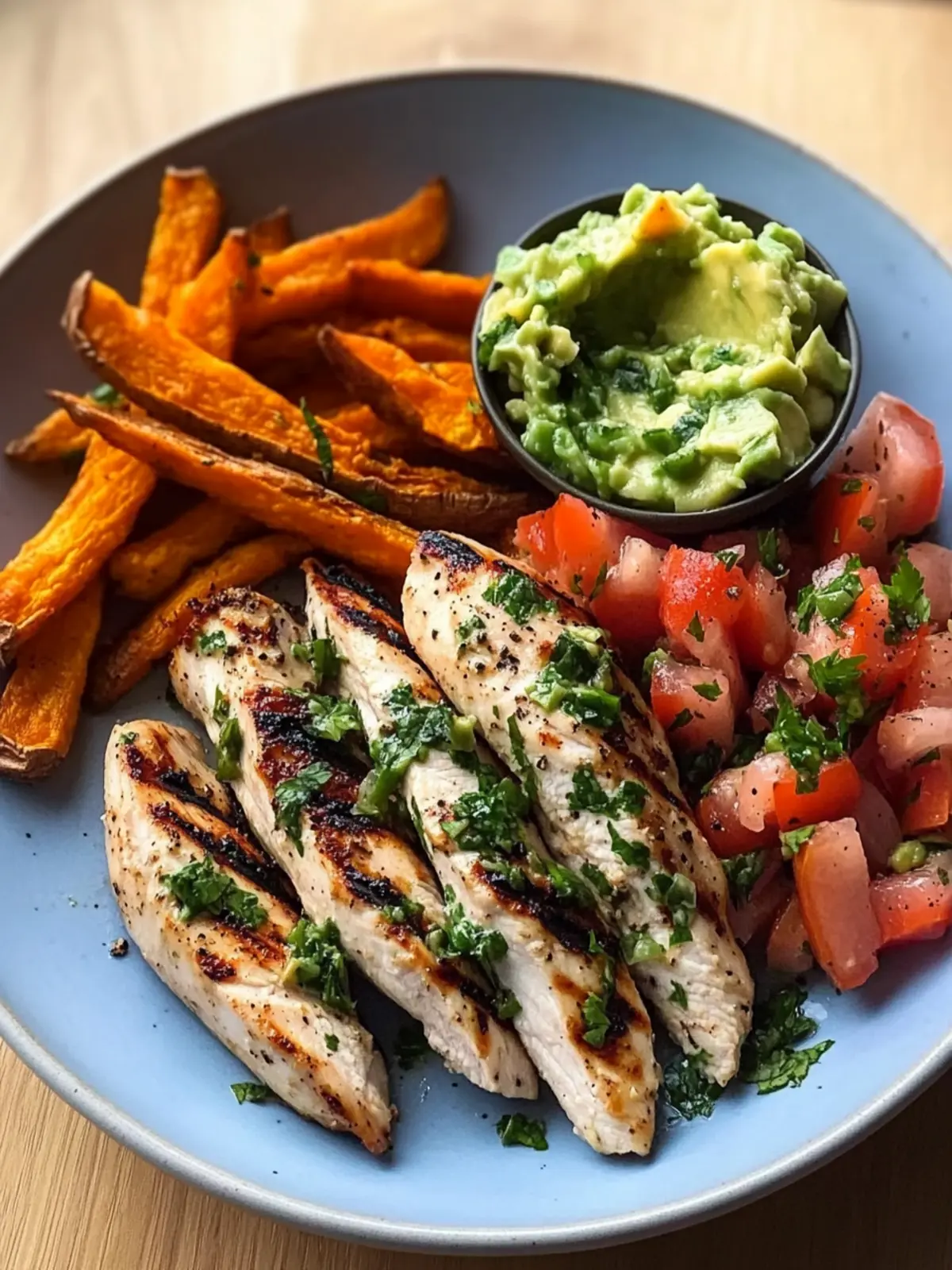 Grilled Herb Chicken with Sweet Potato Fries and Avocado Salsa