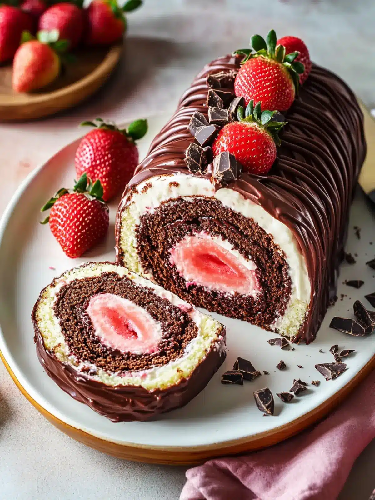 Chocolate-Covered Strawberry Swiss Roll Cake