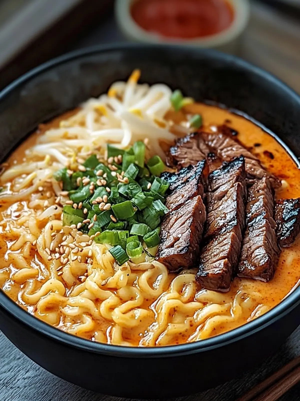 Spicy Korean Ramen with Grilled Beef & Creamy Sauce