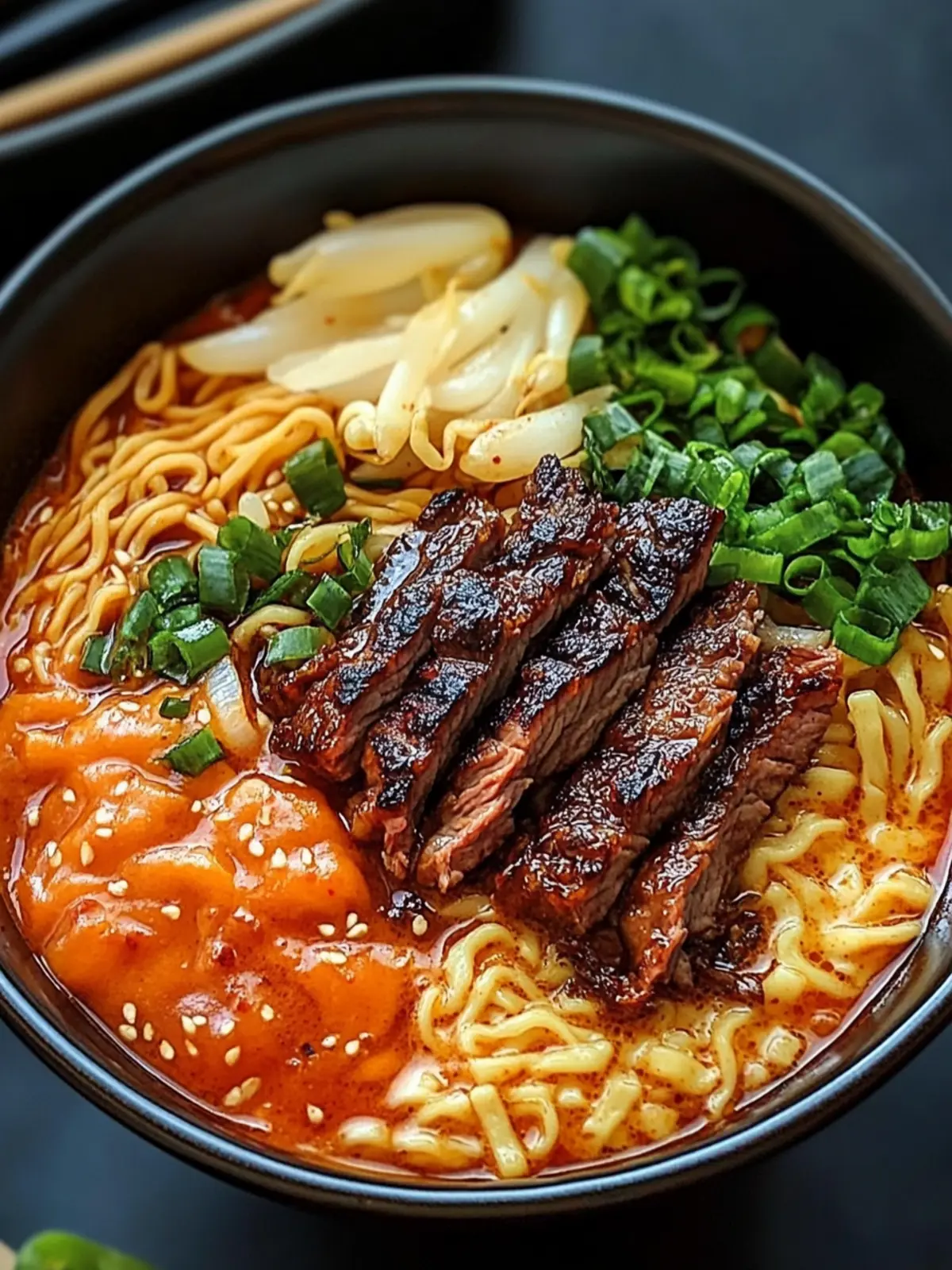 Spicy Korean Ramen with Grilled Beef & Creamy Sauce