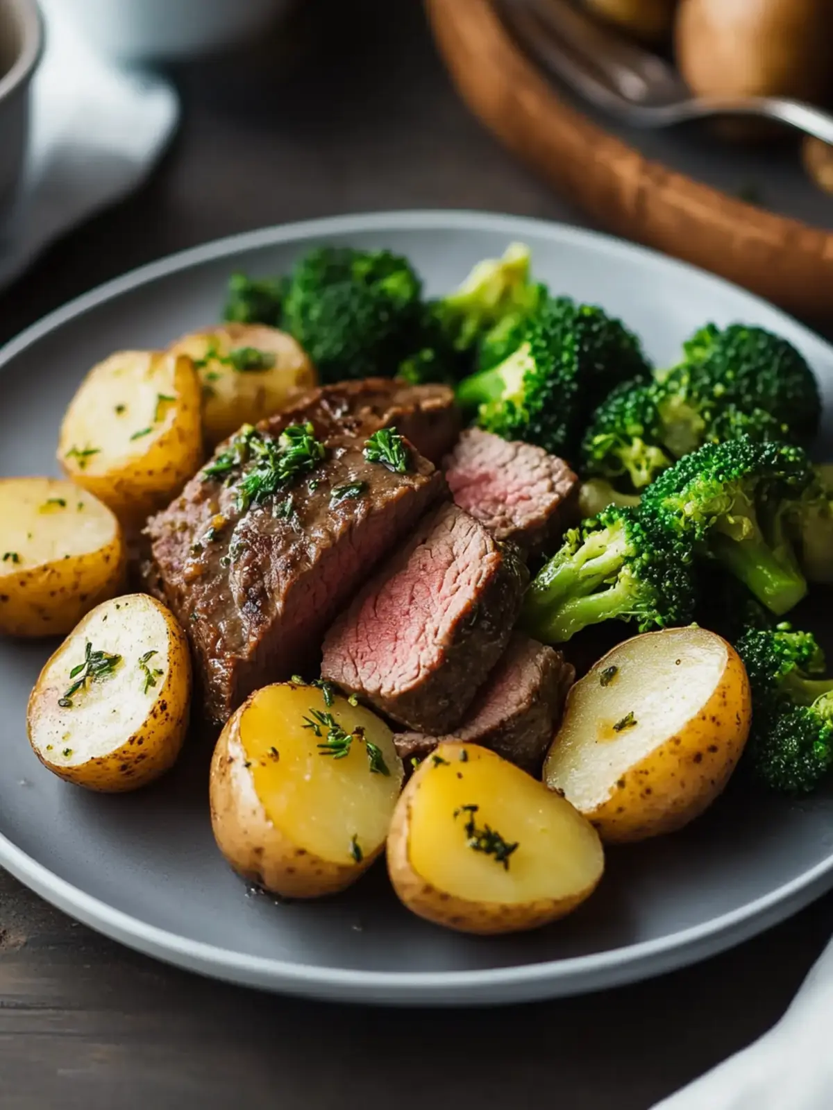 Beef with Herb-Roasted Potatoes & Steamed Broccoli
