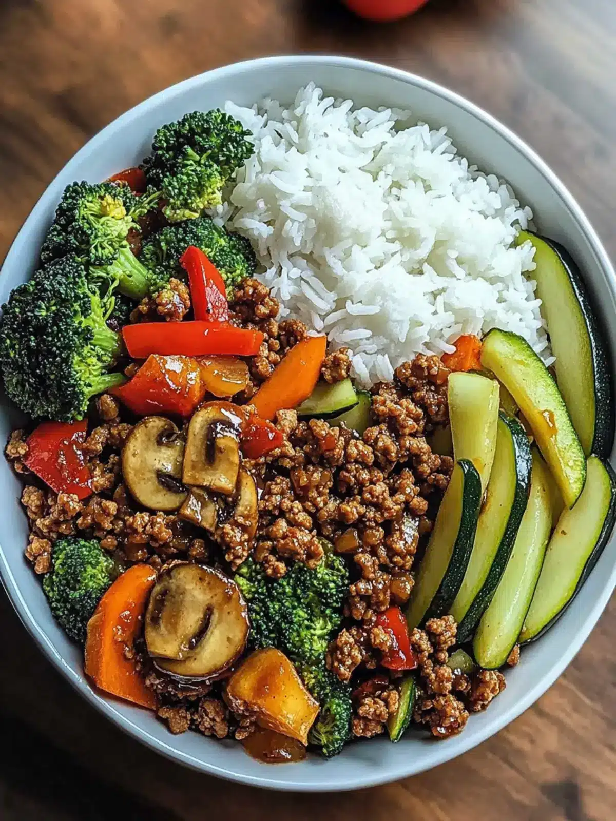 Spicy Ground Beef Stir-Fry Bowl with Garlic Veggies & Steamy Rice