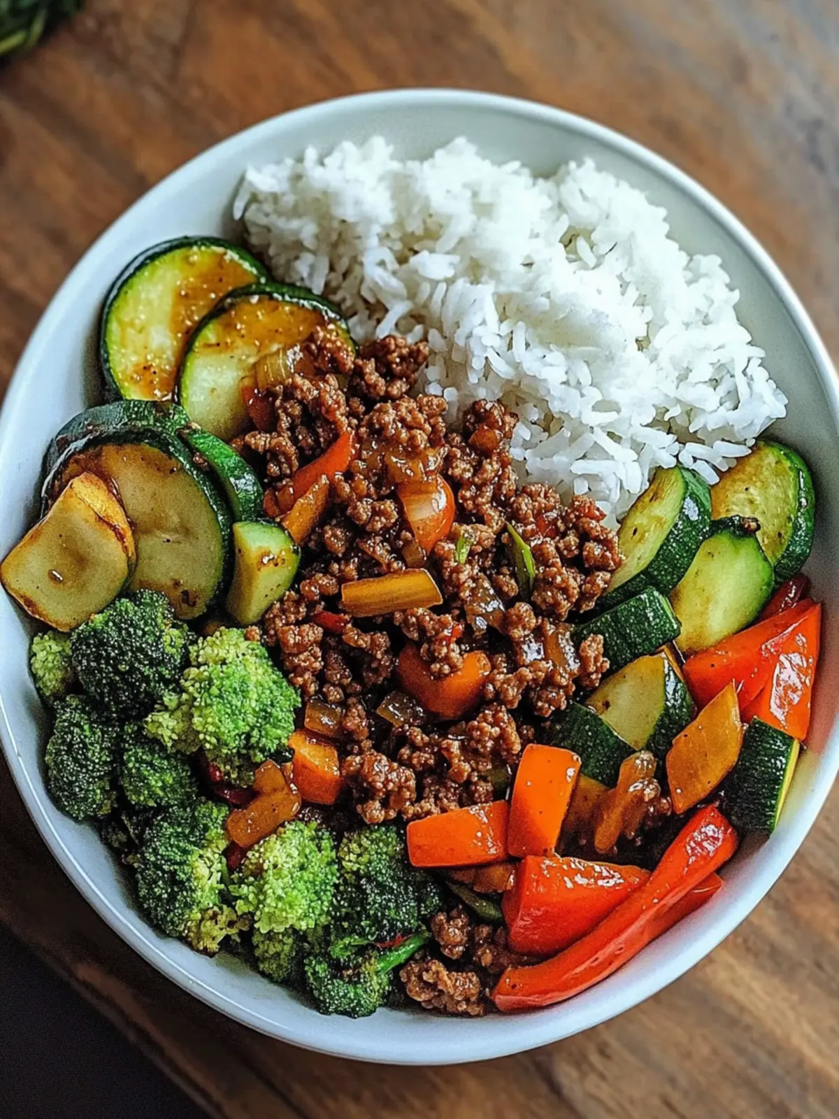 Spicy Ground Beef Stir-Fry Bowl with Garlic Veggies & Steamy Rice