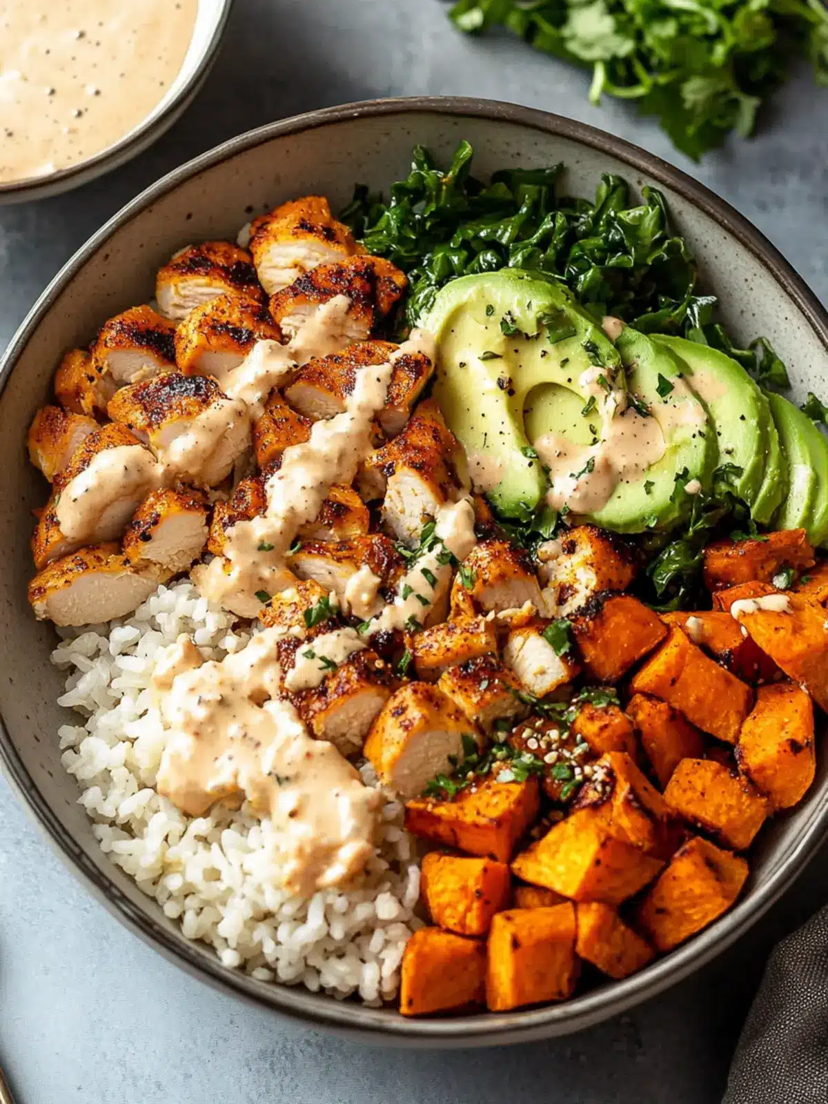 Healthy Chicken & Sweet Potato Rice Bowl with Creamy Chipotle Drizzle