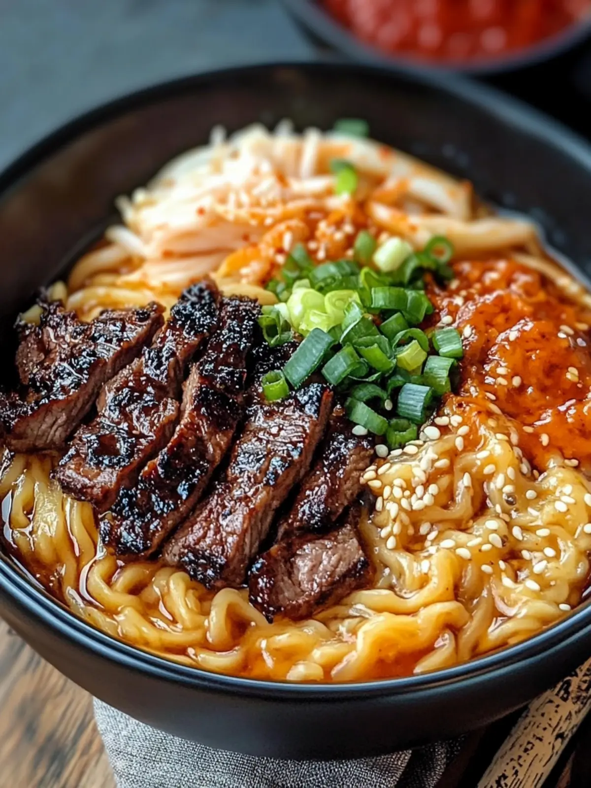 Spicy Korean Ramen with Grilled Beef & Creamy Sauce