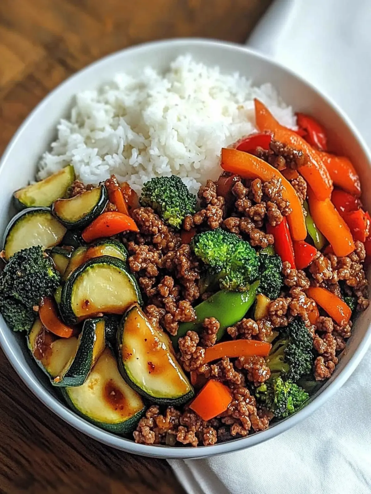 Spicy Ground Beef Stir-Fry Bowl with Garlic Veggies & Steamy Rice