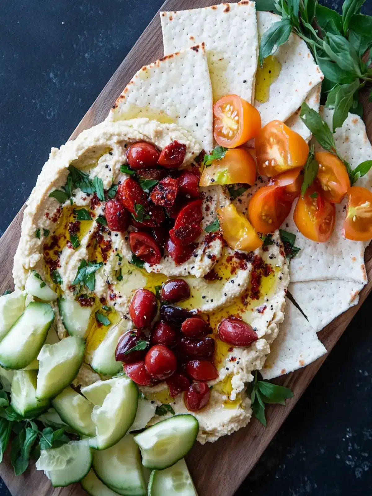 Mediterranean Hummus Board with Sun Dried Tomatoes Delight