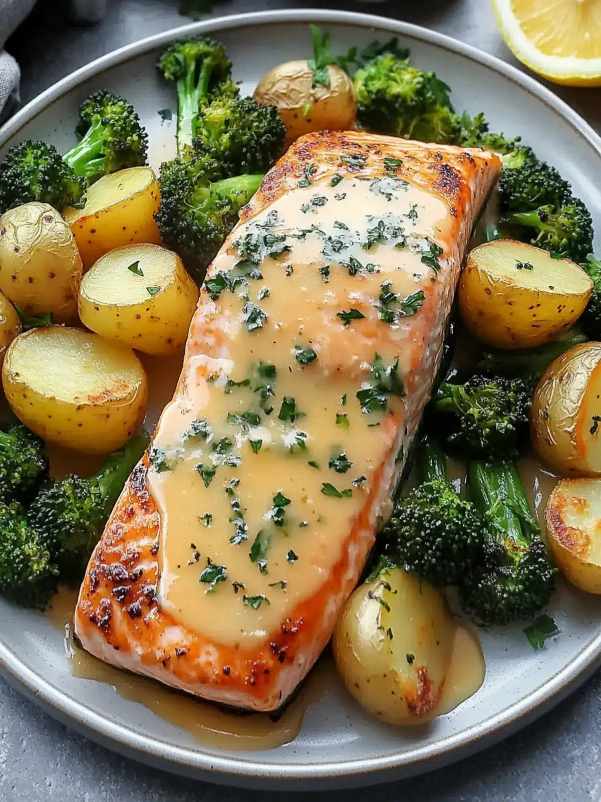 Lemon Butter Salmon with Crispy Potatoes and Broccoli Recipe