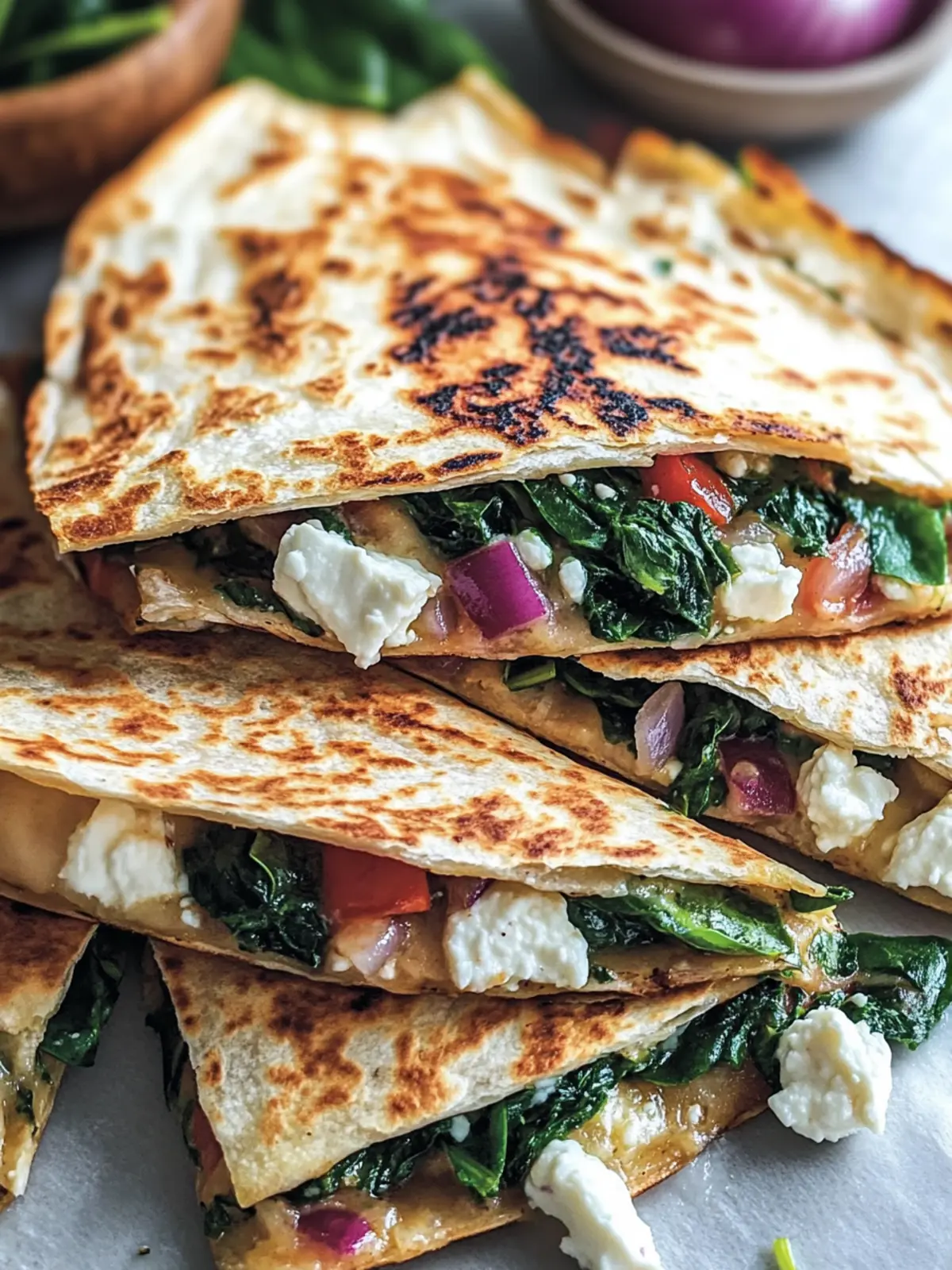 Mediterranean Quesadillas with Spinach, Feta, Mozzarella, and Red Onion
