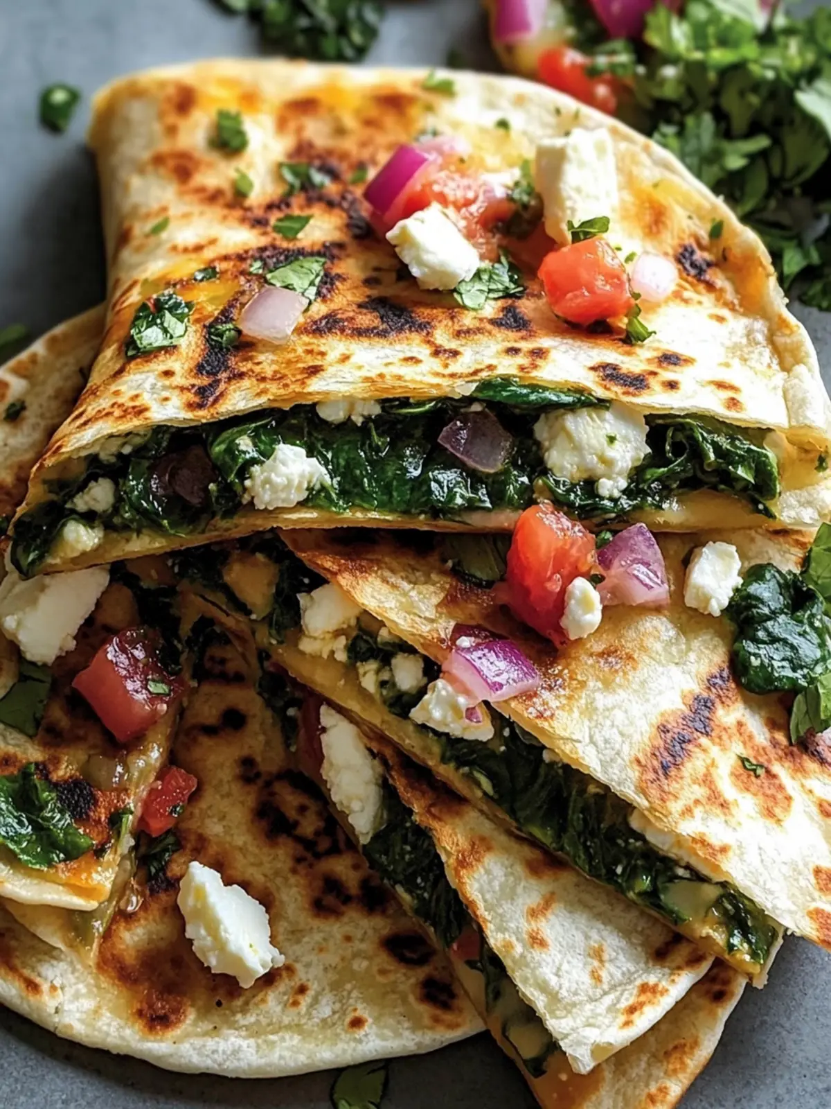Mediterranean Quesadillas with Spinach, Feta, Mozzarella, and Red Onion