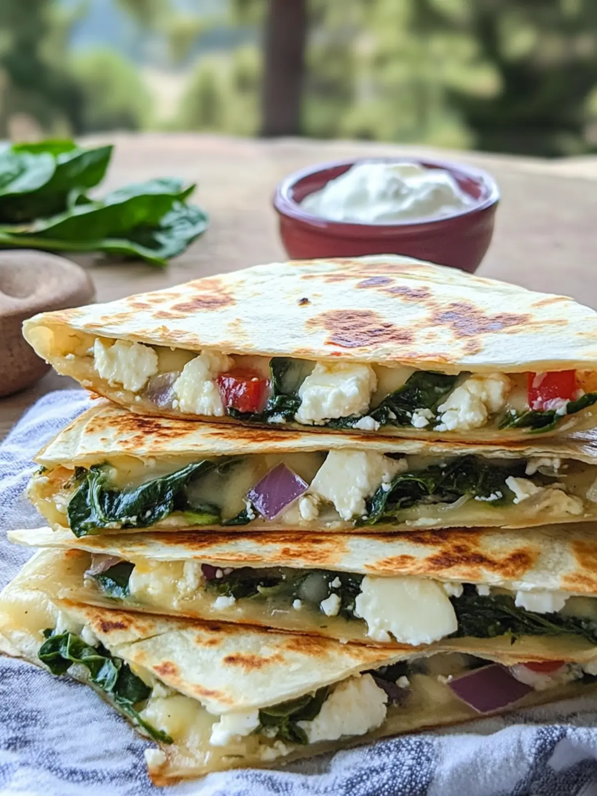 Mediterranean Quesadillas with Spinach, Feta, Mozzarella, and Red Onion