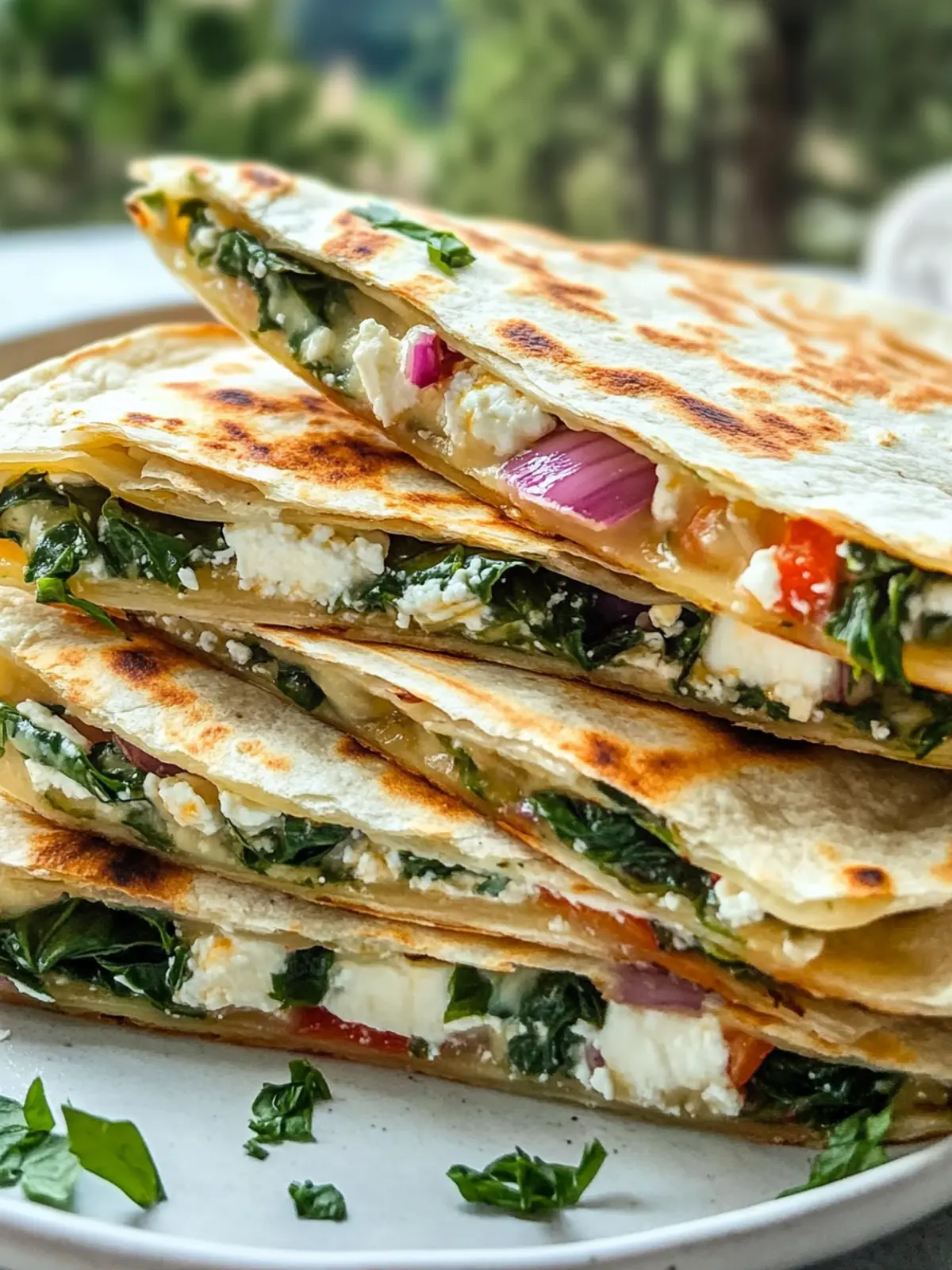 Mediterranean Quesadillas with Spinach, Feta, Mozzarella, and Red Onion