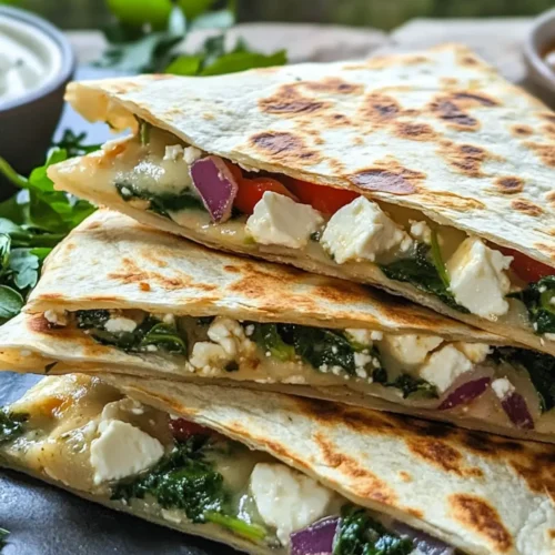 Mediterranean Quesadillas with Spinach, Feta, Mozzarella, and Red Onion