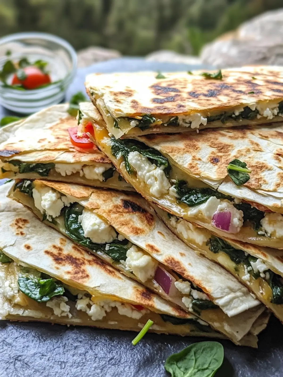 Mediterranean Quesadillas with Spinach, Feta, Mozzarella, and Red Onion