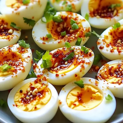 Spicy Chili Garlic Deviled Eggs - Savory Splash